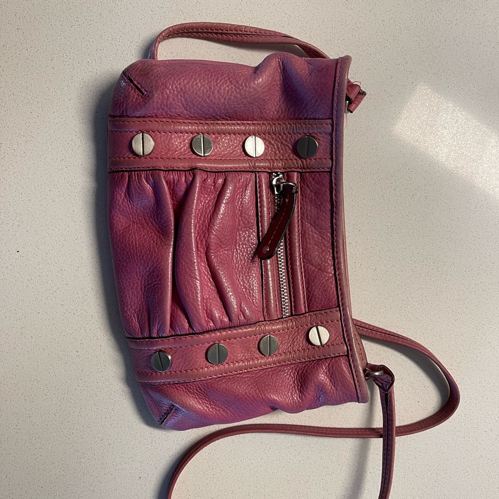 B Makowsky Pink Stud Leather Crossbody Purse